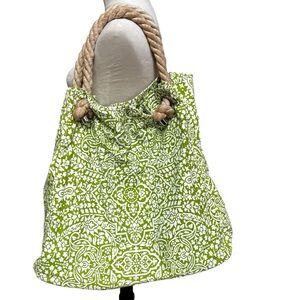 Donna Dixon Large Beach Bag Green Floral Hobo Rope Handles Shoulder Bag Tote